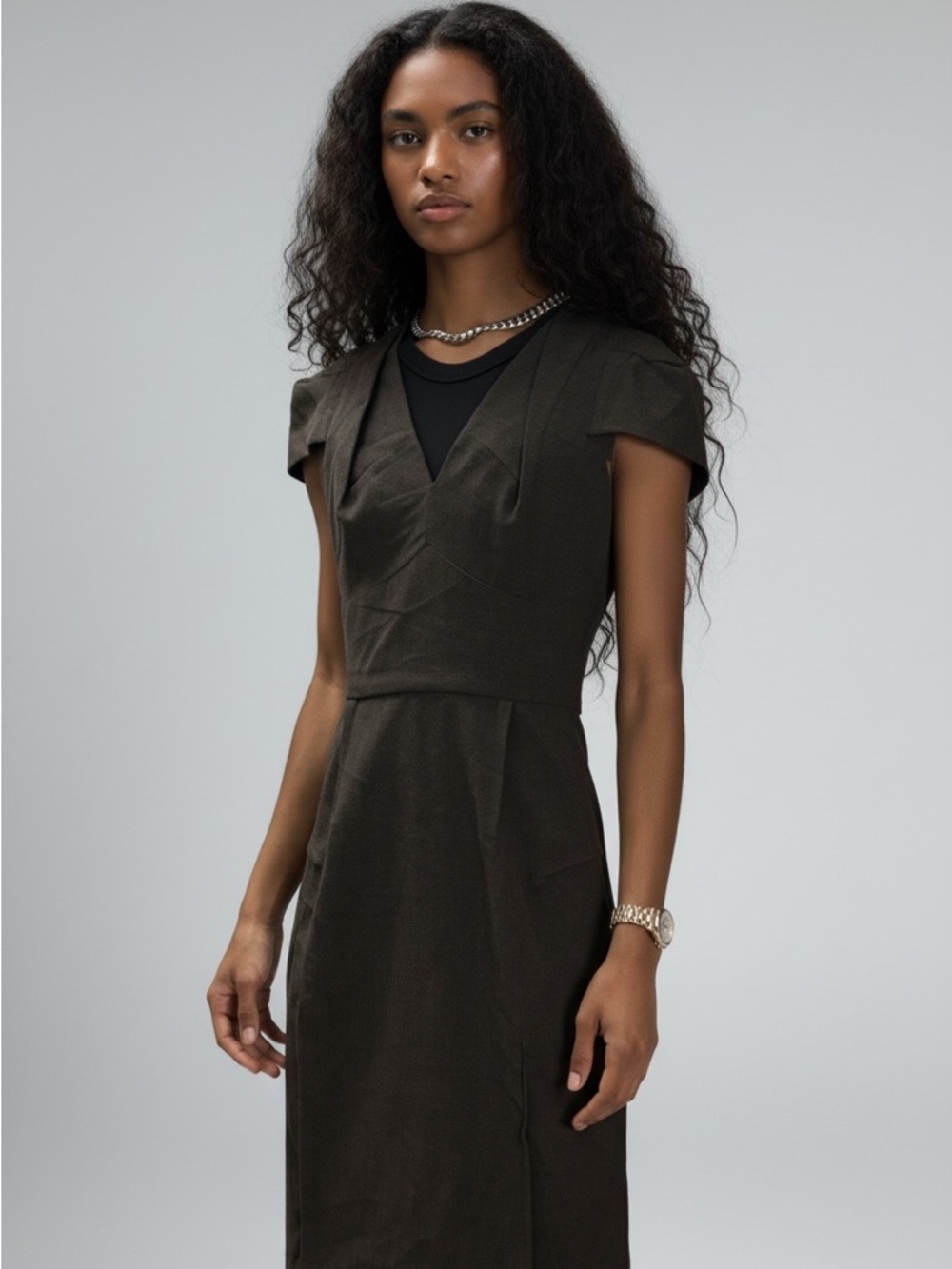 Classic V-Neck Sheath Dress in Dark Brown